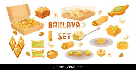 Diversi tipi di dolci turchi illustrazioni vettoriali set Illustrazione Vettoriale