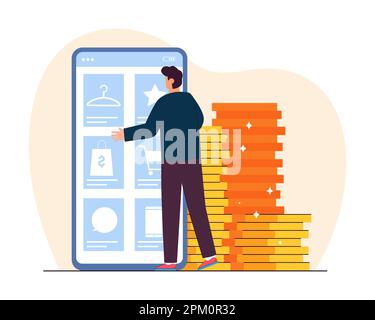 Vista posteriore di un piccolo cliente di fronte a un enorme telefono cellulare Illustrazione Vettoriale
