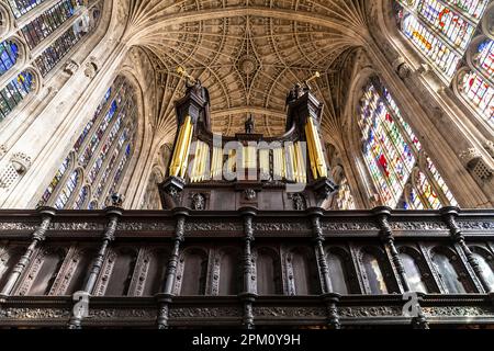 Schermo e organo al King's College Chapel della Cambridge University, Cambridge, Regno Unito Foto Stock