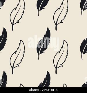 Modello vettoriale senza cuciture con diverse silhouette nere morbide in piuma su sfondo bianco. Modello di disegno di Flamingo, angelo, piume dell'uccello per Illustrazione Vettoriale
