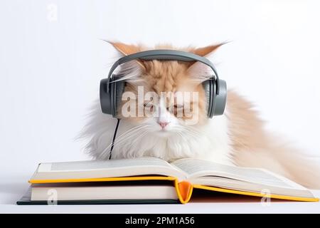 Impara in modo intelligente gli studenti di gatto e ascolta le lezioni online in cuffia. Gatto intelligente che legge un libro Foto Stock