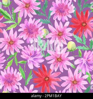 Motivo colorato senza cuciture con acquerello rosa e rosso dahlia fiori. Foto Stock