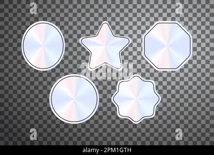 Adesivi in ologramma in argento vettoriale isolati su sfondo trasparente. Badge olografici realistici con cornici nere e spazio vuoto Illustrazione Vettoriale