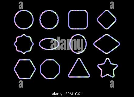 Badge con cornice olografica isolati su sfondo nero. Illustrazione vettoriale. Adesivi multicolore luminosi di varie forme Illustrazione Vettoriale