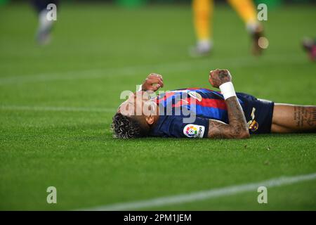 Barcellona, ESP. 10th Apr, 2023. FC BARCELONA vs GIRONA FC 10 aprile 2023 Raphina (22) del FC Barcelona reagisce durante la partita tra FC Barcelona e Girona FC corrispondente al ventotto giorno della Liga Santander al Camp Nou di Spotify a Barcellona, Spagna. Credit: Rosdemora/Alamy Live News Foto Stock