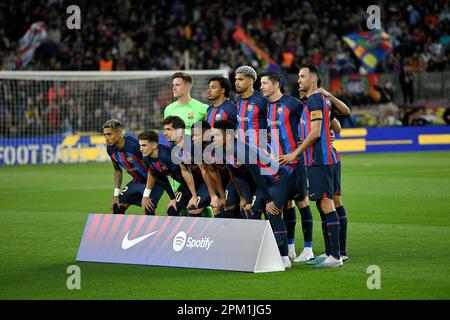 Barcellona, ESP. 10th Apr, 2023. FC BARCELONA vs GIRONA FC 10 aprile 2023 squadra FC Barcelona prima della partita tra FC Barcelona e Girona FC corrispondente al ventotto giorno di la Liga Santander al Camp Nou Spotify di Barcellona, Spagna. Credit: Rosdemora/Alamy Live News Foto Stock