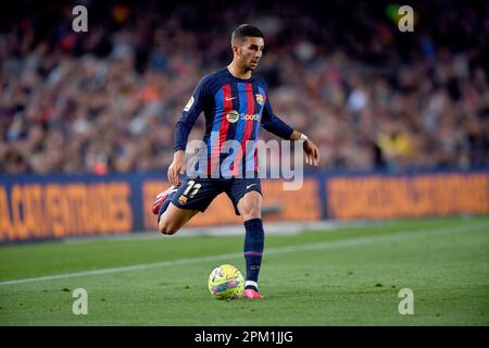 Barcellona, ESP. 10th Apr, 2023. FC BARCELONA vs GIRONA FC 10 aprile 2023 Ferran Torres (11) del FC Barcelona durante la partita tra FC Barcelona e Girona FC corrispondente al ventotto giorno della Liga Santander al Camp Nou di Spotify a Barcellona, Spagna. Credit: Rosdemora/Alamy Live News Foto Stock