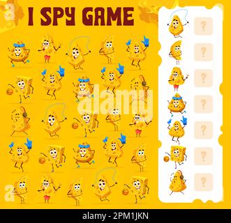 I spy gioco foglio di lavoro cartone animato maasdam e gouda personaggi formaggio. Capretti vettore indovinello con cartoni animati alimenti latticini personaggi. Contare quanti formaggi childre Illustrazione Vettoriale