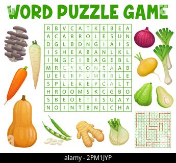 Funghi e verdure crude fattoria sulla ricerca parola puzzle gioco foglio di lavoro. Griglia del quiz del bambino, gioco educativo del vettore del cartone animato o bambini dell'asilo infantile Illustrazione Vettoriale