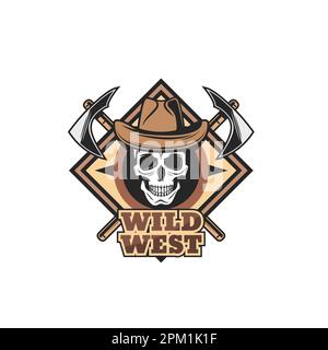 Icona del selvaggio West. Cranio cowboy e tomahawks incrociati vettore simbolo di Western, Texas rodeo o salone. Cranio scheletro di sceriffo o cowboy in lea vintage Illustrazione Vettoriale