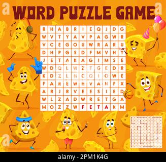 Cartoni animati maasdam e gouda personaggi del formaggio. Ricerca parola puzzle gioco foglio di lavoro. Vector Crossword per bambini, griglia di quiz di divertimento con brie, cheddar, parm Illustrazione Vettoriale