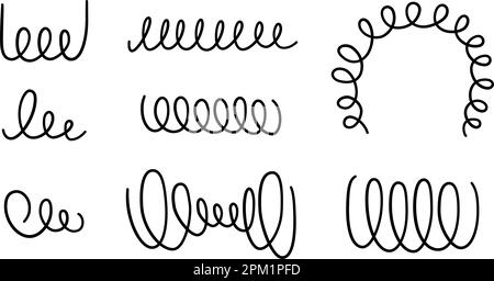 Set di molle a spirale disegnate a mano. Bobine flessibili Doodle, simboli a molla a filo. Icone a spirale in metallo. Illustrazione vettoriale isolata su sfondo bianco Illustrazione Vettoriale