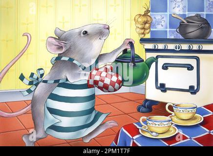 'Nursery Rhymes-'Polly mettere il bollitore on'house affrettandosi con il bollitore in cucina Foto Stock