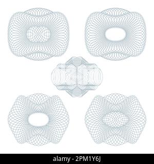 Rosette simili guilloche. Impostato su uno sfondo bianco. Illustrazione Vettoriale