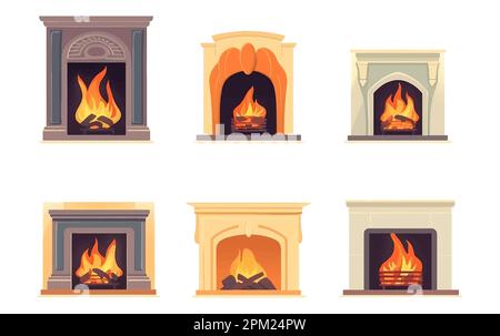 impostare l'illustrazione vettoriale del camino con fuoco stagionale riscaldamento isolato su bianco Illustrazione Vettoriale