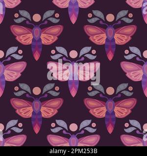 Disegno sacro al neon vettoriale senza cuciture con falene e lune su sfondo viola scuro. Texture colorata con farfalle e talpe. Piatto mistico Illustrazione Vettoriale