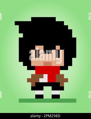 pixel di caratteri maschi a 8 bit. Pixel umani in illustrazioni vettoriali per le risorse di gioco o modelli a punti incrociati. Illustrazione Vettoriale