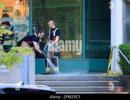 Louisville, Stati Uniti. 10th Apr, 2023. LOUISVILLE, KENTUCKY - 10 APRILE: I membri del Dipartimento dei vigili del fuoco di Louisville passi puliti della vecchia Banca nazionale di fronte alle finestre piene di buchi proiettili dopo una ripresa di massa il 10 aprile 2023 a Louisville, Kentucky. Un cannoniere aprì il fuoco all'interno della banca, uccidendo quattro persone e ferendone nove. Credit: Jeremy Hogan/Alamy Live News Foto Stock