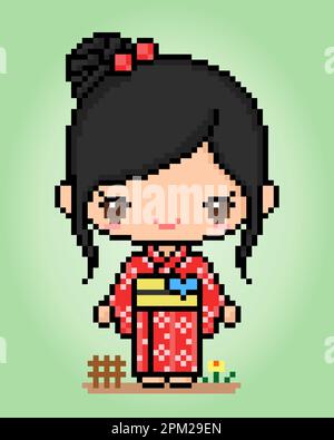 8 bit pixel personaggio le donne indossano un abito Kimono. Pixel per ragazze adulte in illustrazioni vettoriali per le risorse di gioco o modelli a punti incrociati. Illustrazione Vettoriale