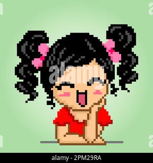 8 caratteri piccoli pixel della ragazza. Donne cartoni animati in illustrazioni vettoriali. Illustrazione Vettoriale