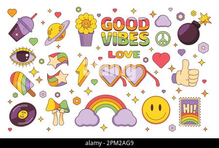 Patch trendy. Doodle hippie astratto geometrico adesivi per grafica, carino caotico psichedelico pop adesivi. Set di colori vettoriali. Buone vibrazioni, pace colorata, simboli del cuore Illustrazione Vettoriale