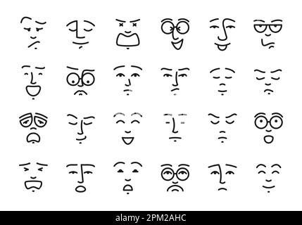 Simpatiche emozioni cartone animato. Emozioni faccia del doodle differenti con i volti felici pazzi ed espressioni, simboli del doodle dell'avatar. Raccolta vettoriale. Sentimenti positivi e negativi, caricature dei personaggi Illustrazione Vettoriale