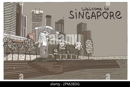 Skyline di Singapore a Marina Bay, Merlion uno dei punti di riferimento di Singapore, design vettoriale Illustrazione Vettoriale