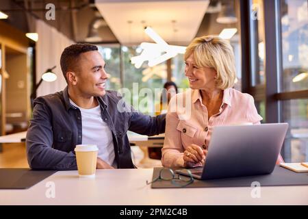 Donna d'affari matura Mentoring giovane collega maschio che lavora sul laptop alla scrivania Foto Stock