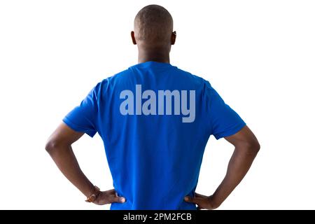 Uomo afroamericano che indossa una t-shirt blu con spazio copia su sfondo bianco Foto Stock