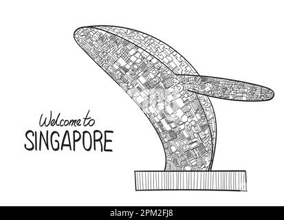 Benvenuti a Singapore. Scultura dell'uomo dalle lettere dell'alfabeto latino. Illustrazione Vettoriale