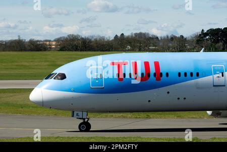 TUI Boeing 787-8 Dreamliner tassare all'aeroporto di Birmingham, Regno Unito (G-TUIL) Foto Stock