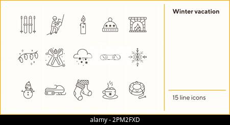 Set di icone linea vacanza invernale con sci e caminetto Illustrazione Vettoriale
