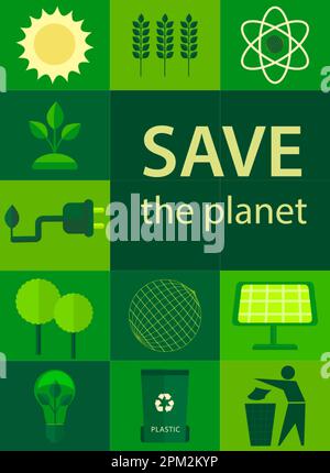 Salviamo la Terra. Icone con temi ecologici. Modello per sfondo, banner, cartolina, poster con iscrizione di testo. Vettore Illustrazione Vettoriale