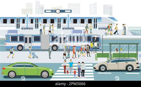 Treno veloce nella stazione ferroviaria e la fermata dell'autobus illustrazione Illustrazione Vettoriale