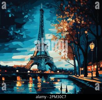 Torre Eiffel attrazione Turistica Parigi Francia luogo di interesse oggetto edificio ferro famoso Europa architettura costruzione giallo scuro Rosso notte illuminata Illustrazione Vettoriale