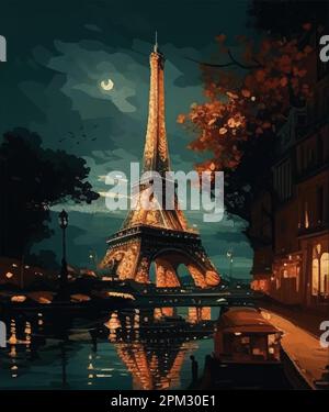 Torre Eiffel attrazione Turistica Parigi Francia luogo di interesse oggetto edificio ferro famoso Europa architettura costruzione giallo scuro Rosso notte illuminata Illustrazione Vettoriale