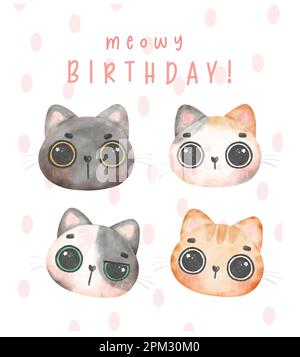 Gruppo di adorabili gatti gattino testa in diverse razze Meowy compleanno acquerello illustrazione biglietto d'auguri Illustrazione Vettoriale