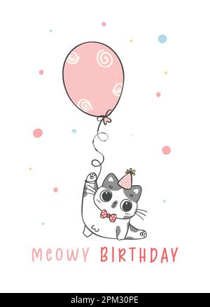 Carino divertente divertente compleanno calico gattino gatto tenere pallone, Meowy compleanno, animaletto animaletto allegro disegno personaggio doodle Illustrazione Vettoriale