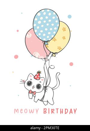 Simpatico divertente compleanno divertente chuby gatto bianco volare con palloncino, Meowy compleanno, animaletto animaletto allegro disegno personaggio doodle Illustrazione Vettoriale