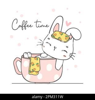 Carino kawaii coniglio bianco ammollo in tazza di caffè, carino personaggio cartone animato animale mano disegno doodle Illustrazione Vettoriale