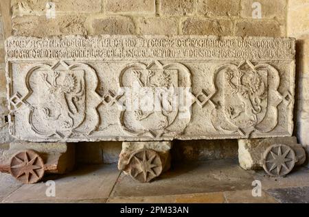 Stemmi scolpiti in pietra dal Regno di Leon nel chiostro della cattedrale di Santander Cantabria Spagna Foto Stock