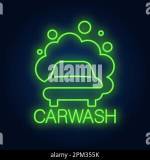 Parola al neon autolavaggio e logo auto in schiuma Illustrazione Vettoriale