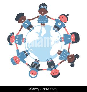 Bambini in tutto il mondo. Gruppo multiculturale di bambini che tengono le mani. Ragazze e ragazzi felici si trovano in un cerchio del pianeta Terra. Vettore ill Illustrazione Vettoriale
