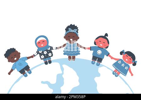 I bambini si alzano in piedi sul globo. Gruppo multiculturale di bambini che tengono le mani. Ragazze e ragazzi felici. Illustrazione vettoriale Illustrazione Vettoriale