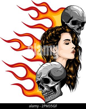 donna con cranio su fiamme vettore illustrazione. Illustrazione Vettoriale