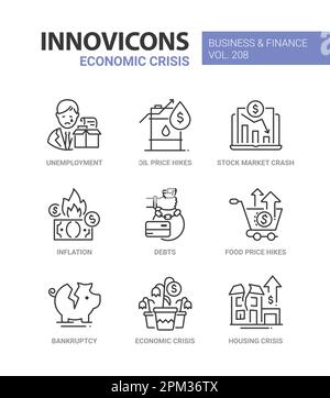 Crisi economica e crash di mercato - linea design stile icone set Illustrazione Vettoriale