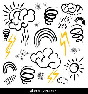 Serie di icone meteo. Illustrazione di doodle disegnata a mano. Contiene segno del sole, nuvole, fiocchi di neve, vento, pioggia, luna, fulmini e più isolati su w Illustrazione Vettoriale