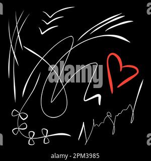 doodle bianco su nero con rosso hart . Elegante carta da parati unica con elementi di design. Graffiti Happy emoji spruzzato in bianco e nero Illustrazione Vettoriale