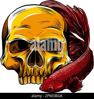 cranio umano con illustrazione vettoriale di betta fish su sfondo bianco Illustrazione Vettoriale