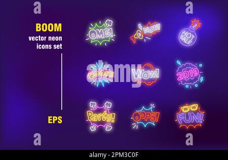Fumetto divertente patch neon segni set Illustrazione Vettoriale